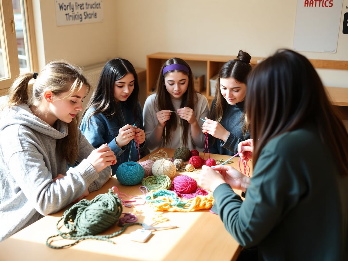 Girls learning to knit together around a table of colorful yarn
