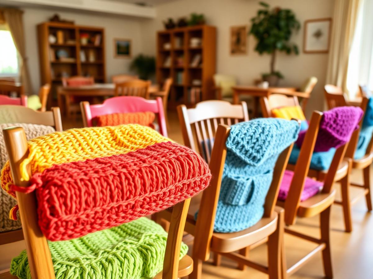 Colorful hand-knitted seat cushions on wooden chairs